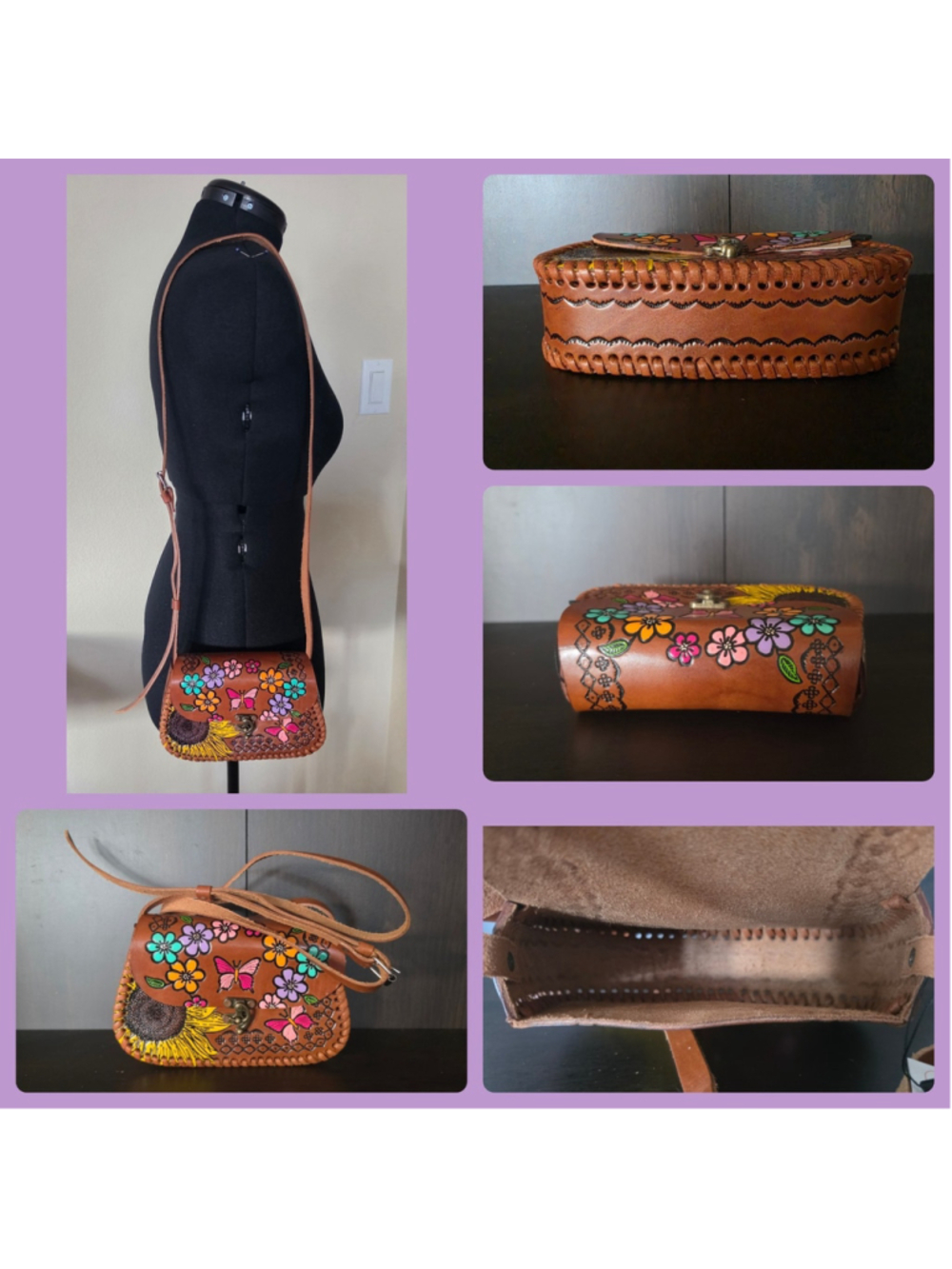 Butterfly Sunflower Brown Embossed Tooled Artisan LEATHER Crossbody Purse Bag - Picture 16 of 16